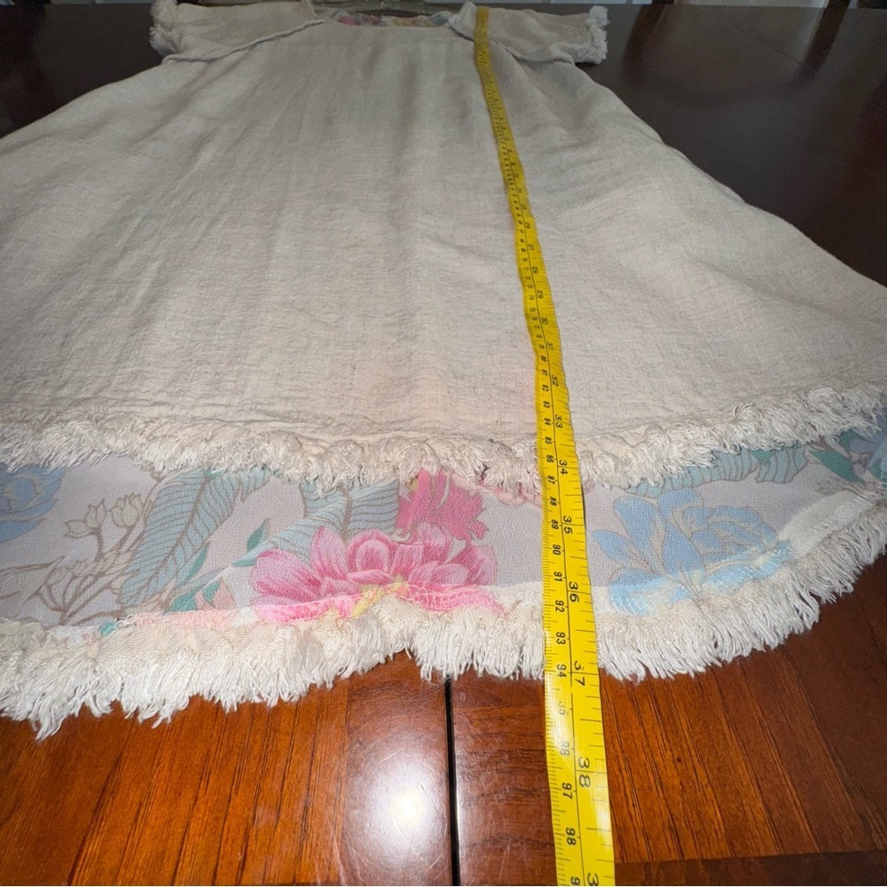Umgee Beige Mini Linen Dress with High Low Ruffle Fringe and Floral Print - Picture 15 of 16